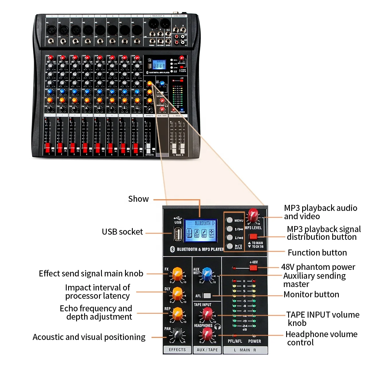 CT-80 Профессиональный 8-канальный Миксер с DSP эффектом реверберации MP3-плеер USB 48 в
