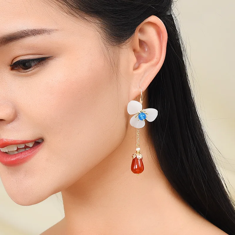 Ретро длинный стиль три листа цветок красный кулон серьги Корейский темперамент