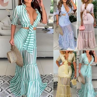 donsignet woman dress sexy fashion summer strapless two piece dress sexy club solid striped half floor length