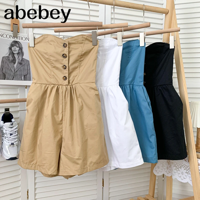 

Korean sleeveless off shoulder Rompers single breasted high waist pleated casual wide leg strapless Rompers 2021 New Summer