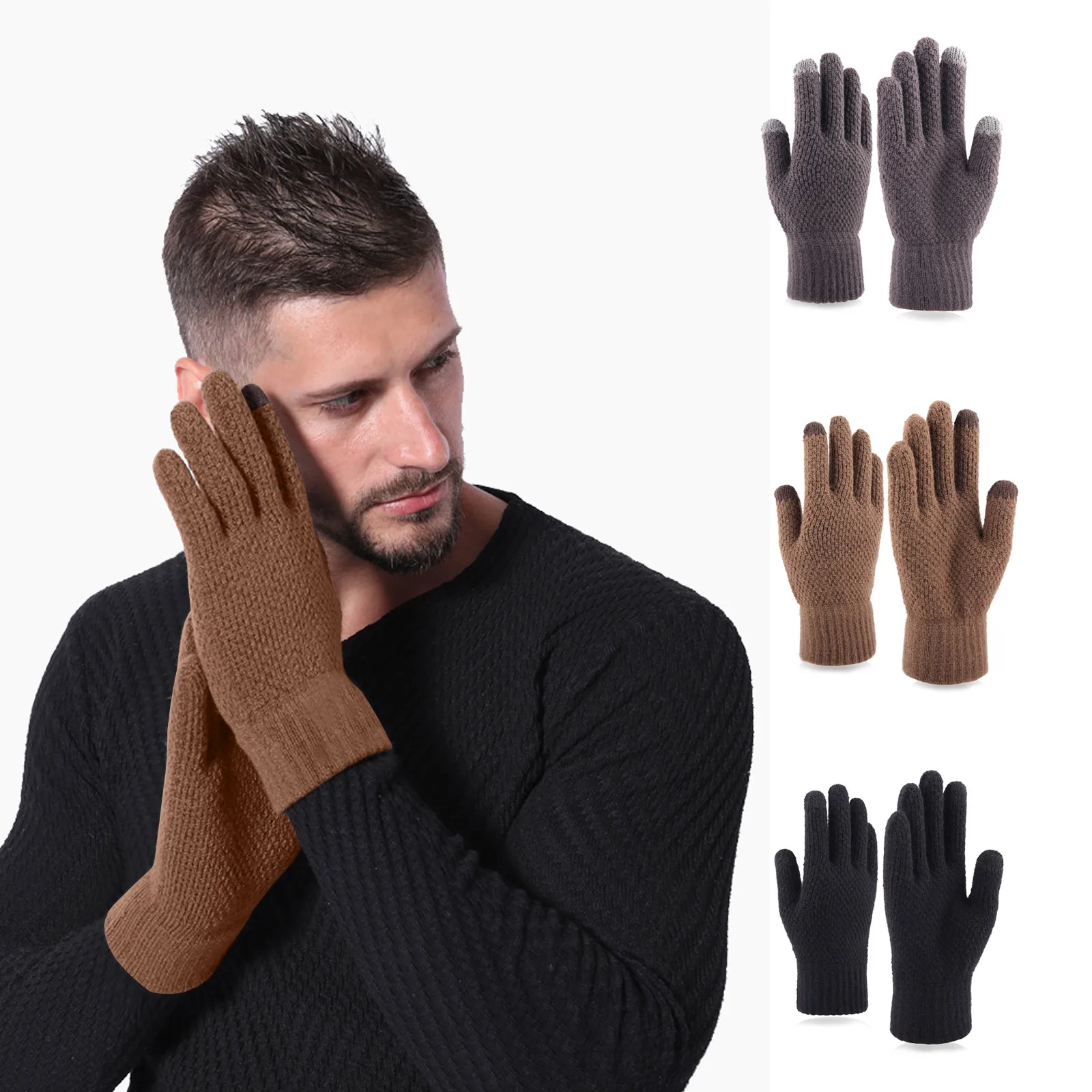 

Men's Fall And Winter Cotton Gloves Touch Screen Knitted Woolen Gloves Women Warm Plus Velvet Thickened Full Finger Gloves