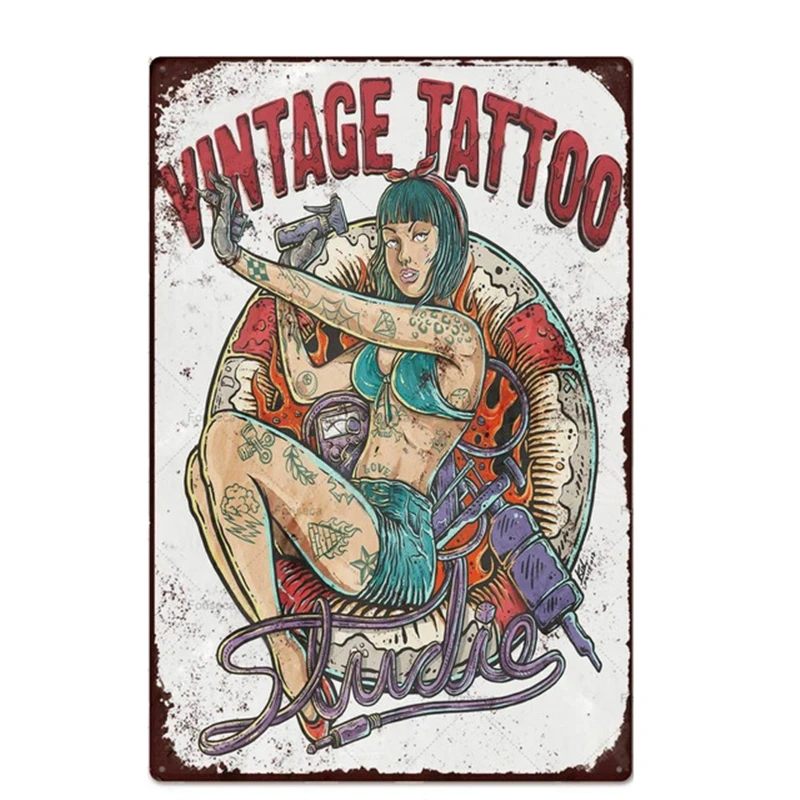 Tattoo Tin Sign Vintage Studio Store Wall Decor Sexy Lady Girls Metal Signs Man Cave Pin Up Plate Poster Plaques | Дом и сад