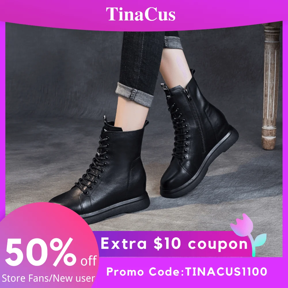 

TinaCus Genuine Leather Boots for Women 2021 Autumn Winter Brand New Lace Up Single Shoes Round Head Fashion Martin Booties Shoe