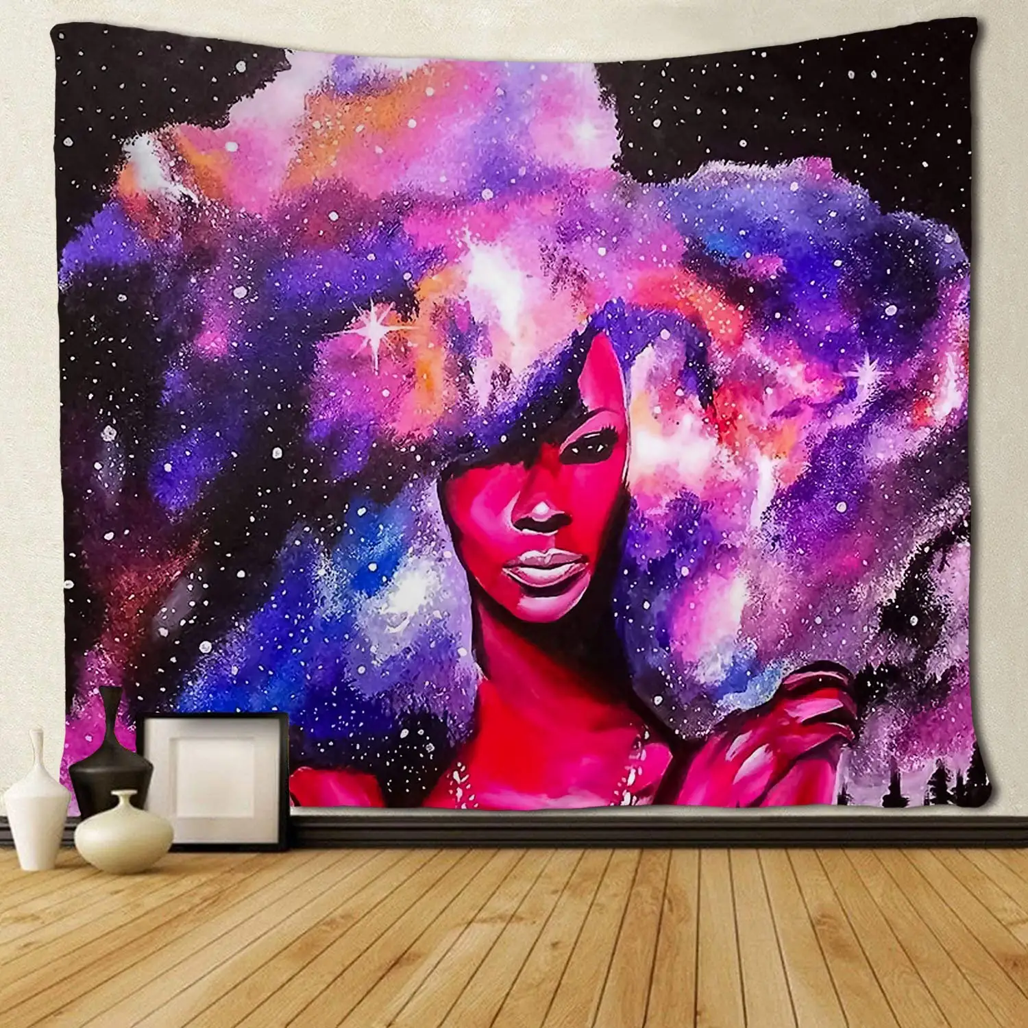 

Черное искусство женщины афроамериканская сексуальная леди с розовой галактикой Хари на стене