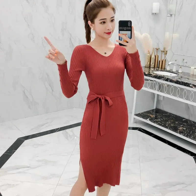 2019 осенне-зимнее женское платье-свитер эластичное Повседневное трикотажное