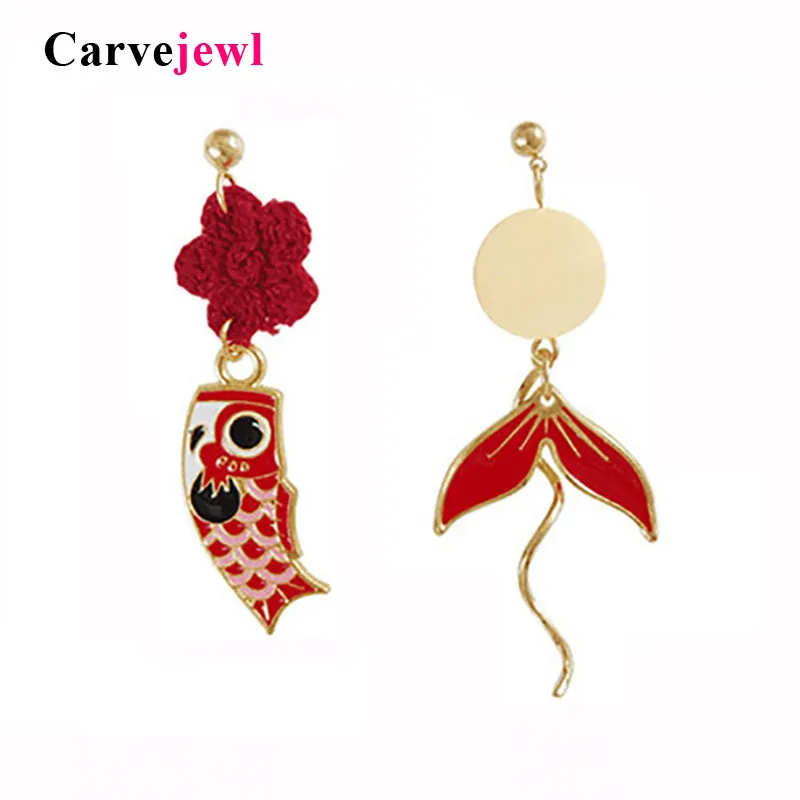 Carvejewl новые милые Длинные асимметричные эмалированная Рыба хвост серьги Kawaii красный вязаный цветок серьги для женщин Мода деревянный диск ювелирные изделия