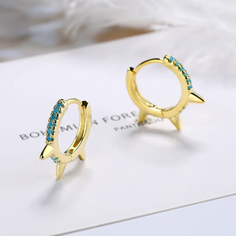 

Fashion Korean Blue Zircon Spiket Rivets Stud Earrings for Women Genuine 925 Sterling Silver Punk Unisex Bohemian Jewelry