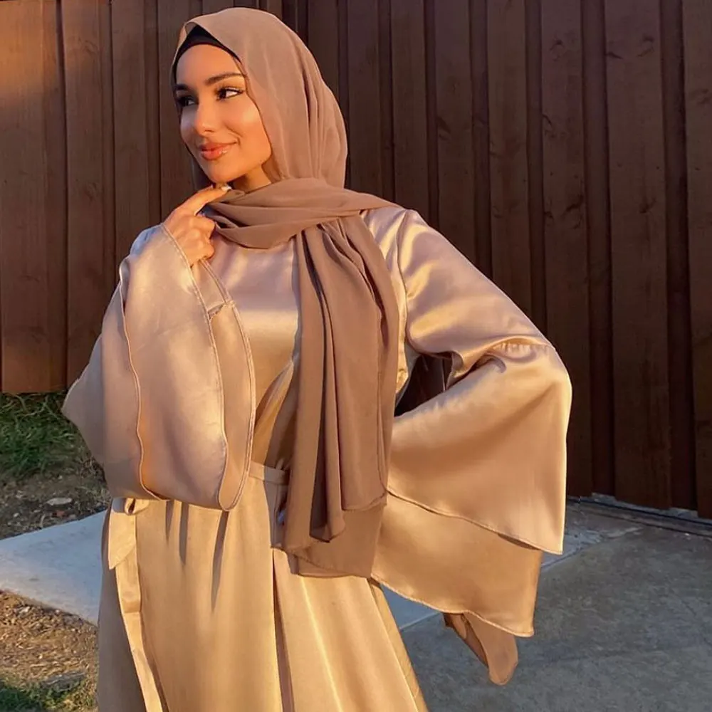 

Ramadan Eid Fashion Satinlike Dress Dubai Abaya Women Summer Long Flare Sleeve Hijab Dresses Muslim Islam Turkey Clothes Bronze