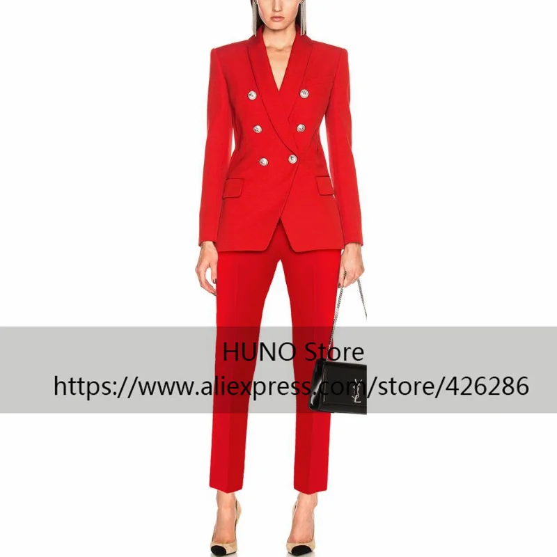 

Женский костюм из двух предметов, офисный деловой однотонный костюм для женщин, двубортный красный новейший модный дизайнерский пиджак + бр...