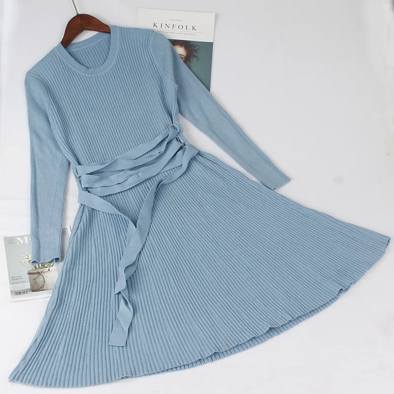 blue 1999 GIGOGOU осенне-зимнее теплое женское платье-свитер на шнуровке, толстые женские платья трапециевидной формы, тонкие трикотажные плиссированные платья - Color: blue 1999