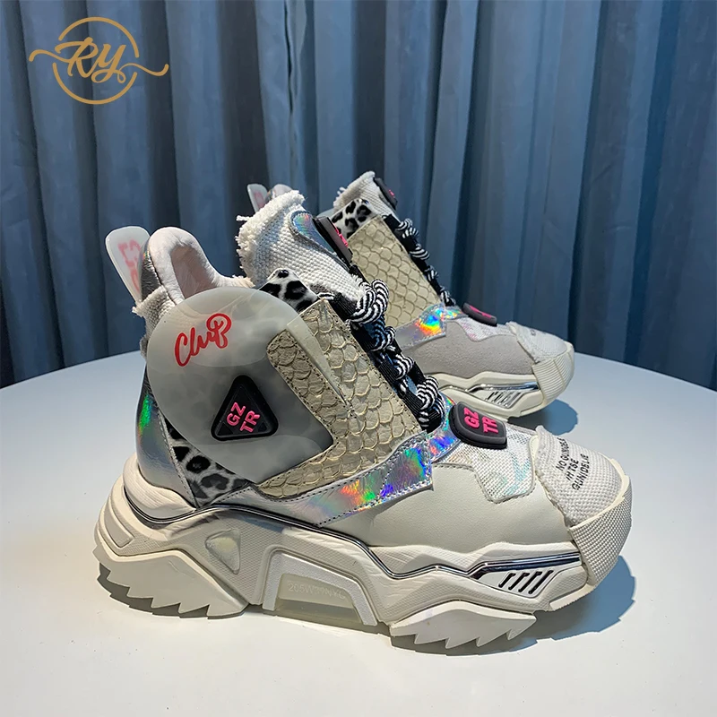 RY-RELAA women sneakers fashion high top sneakers ins wedge sneakers Genuine Leather rhinestone shoes white platform shoes - Цвет: Белый