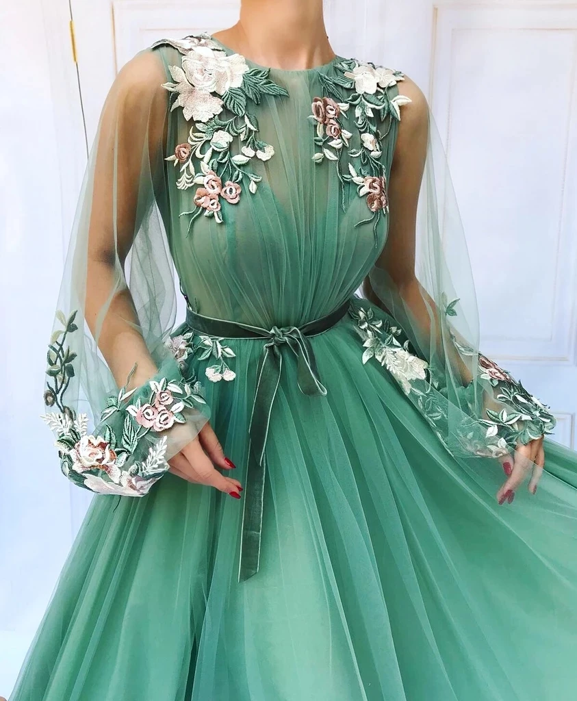 

Mint Green Muslim Evening Dresses A-line Long Sleeves Tulle Embroidery Dubai Saudi Arabic Long Formal Evening Gown