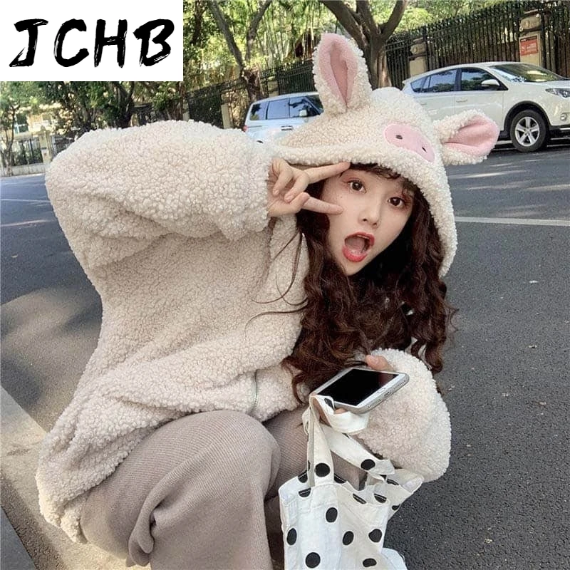 

2021 Autumn Winter Sweet Hoodies Women Cute Age-reduced Hooded Thick Imitation Lamb Wool Student Long Sleeve Sweatershirt Haraju