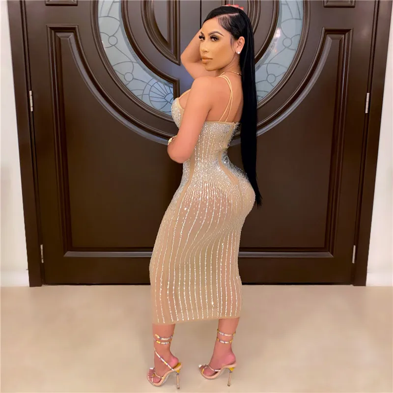 

Woman's Dress Sheer Mesh See If Rhinestone V Neck Bodycon Sexy Mini Skirts Slim Dresses For Women Party Elegant Strap Dress