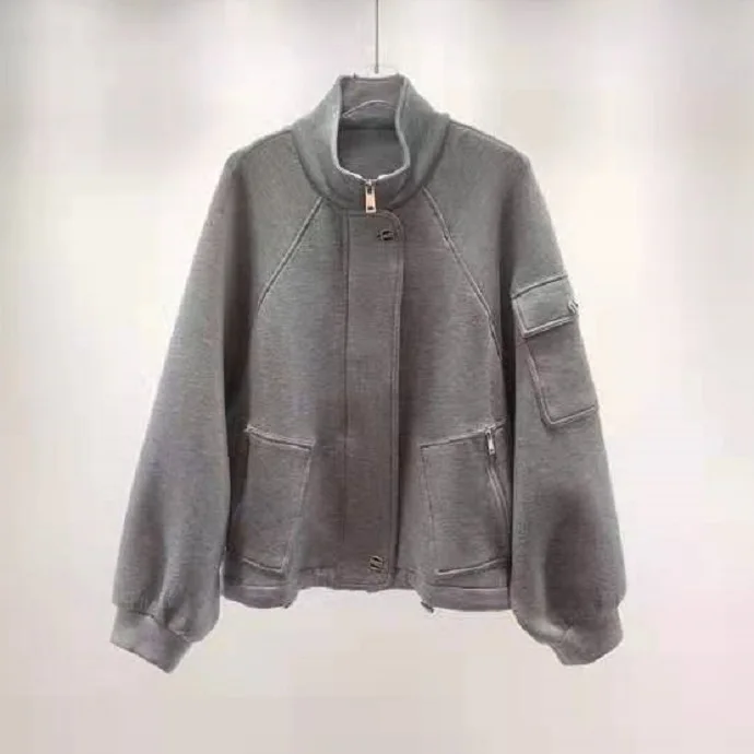

New Arrival Coat Jacket 2021 Autumn Winter Style Women Stand Neck Zip Pocket Patchwork Long Sleeve White Grey Black Coat Casual