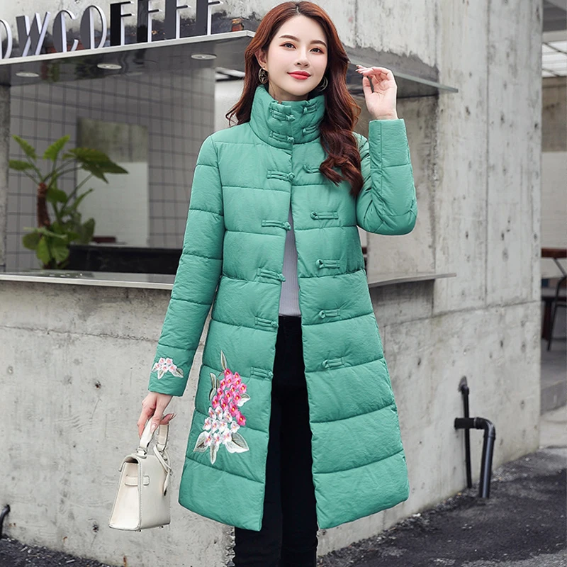 

Womens Long Jackets Coats Fashion Floral Embroidery Autumn Winter Female Warm Cotton-padded Parkas Chinese Style Stand Collar