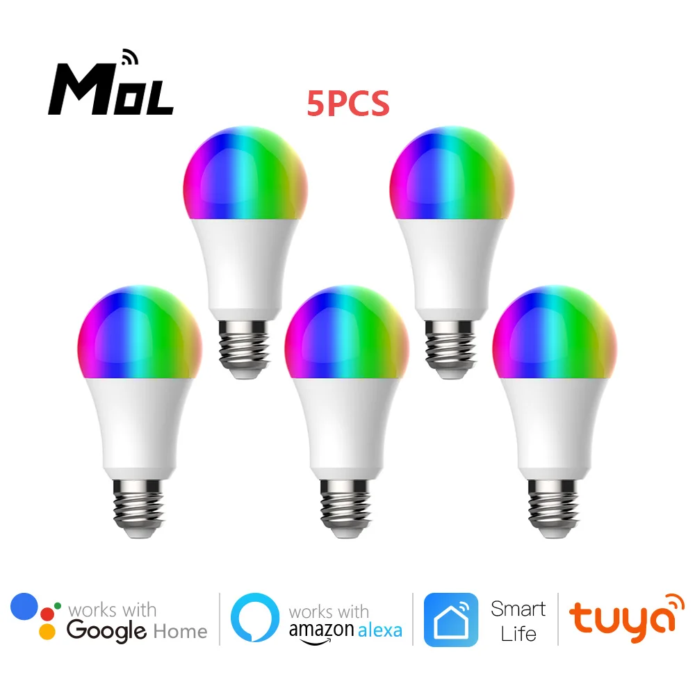 

5 шт. E27 Wifi умный светодиодный светильник лампы 9W светодиоидная лампа с регулируемой яркостью RGB лампа приложение Tuya Smart Дистанционное Управл...