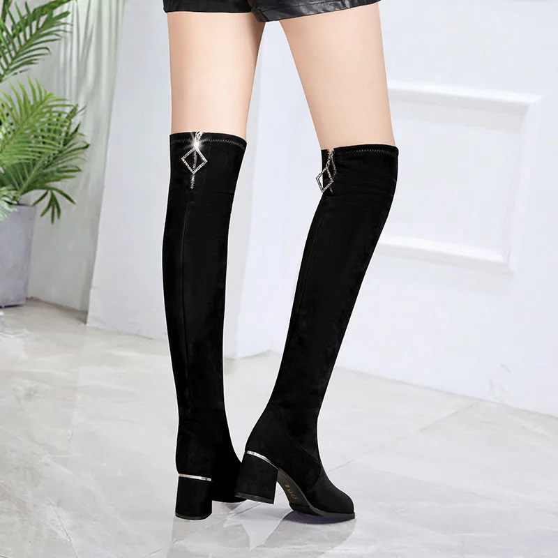 Женские эластичные сапоги до колена новые модные на высоком каблуке корейский
