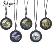 jweijiao flying bird owl pattern round glass dome unisex necklaces vintage rope chains wooden pendant classic jewelry c638