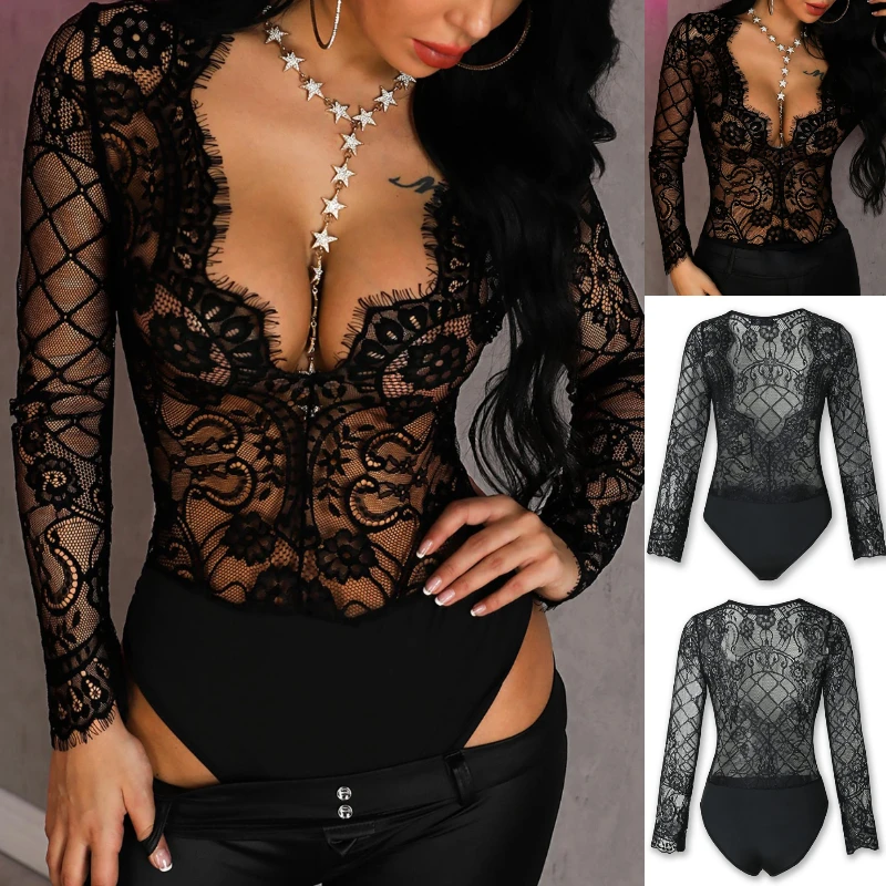 

2021 Summer Lace Bodysuits Women Sexy Slim Lace Sheer Long Sleeve Bodycon Jumpsuit Romper Leotard Tops Blouse Playsuit Sex games