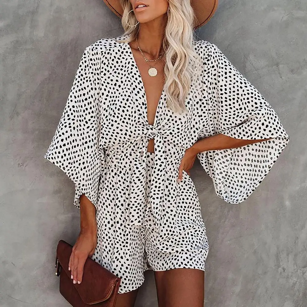 

2021 Jumpsuit Fashion Polka Dot Women Short Playsuits Casual Bow Tie Female Rompers Loose V neck Print Overalls
