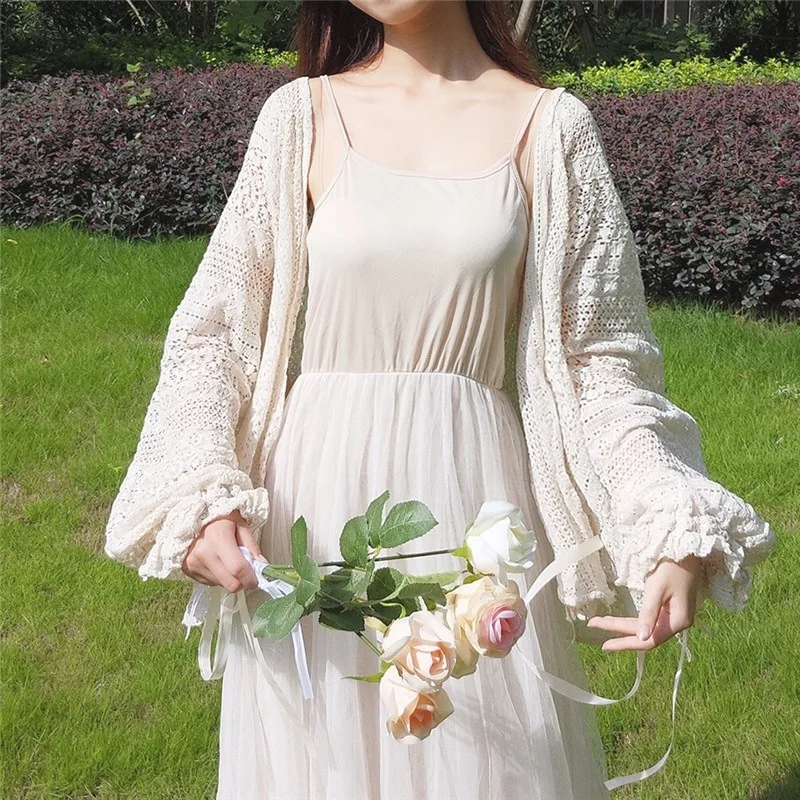 

Women's Solid Lace Long Sleeve Hollow Out Blouse Kimono Cardigan