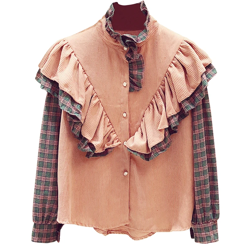 

2021 Autumn Fashion Women's Ruffles Patchwork Plaid Shirt Tops Long Sleeves Blouses Shirts A4386