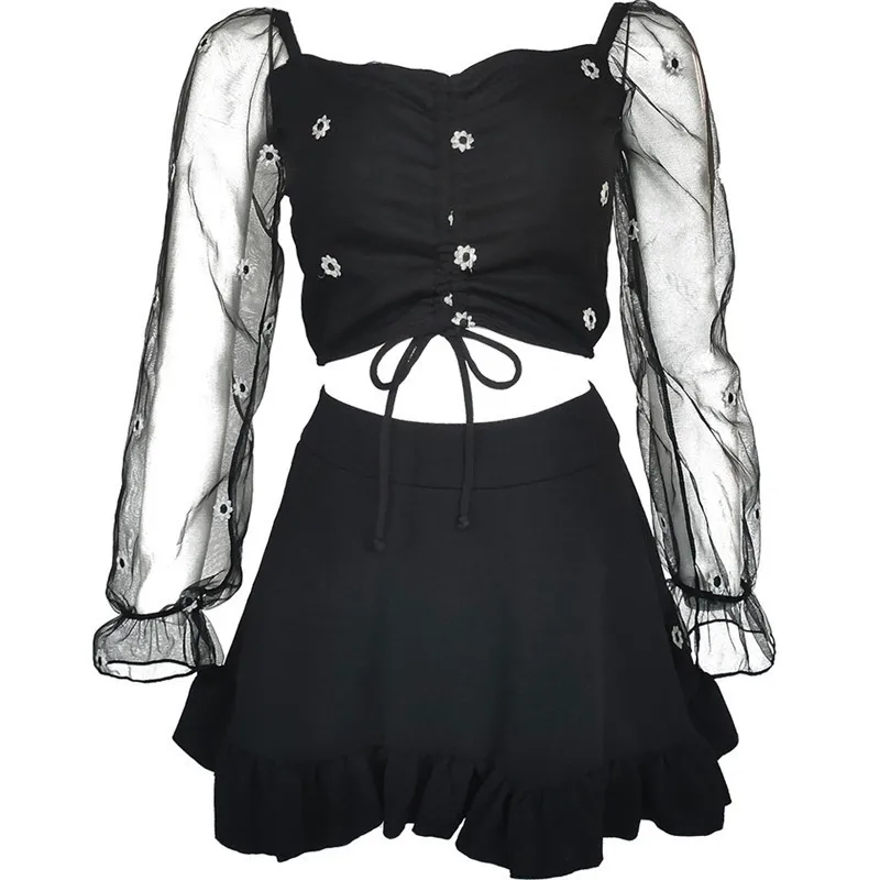 

New Trendy Two Piece Swimsuit Women Long Puff Sleeve Swimwear Sexy Gauze Lace-up Korean Style Wire-free Padded Bathing Suit