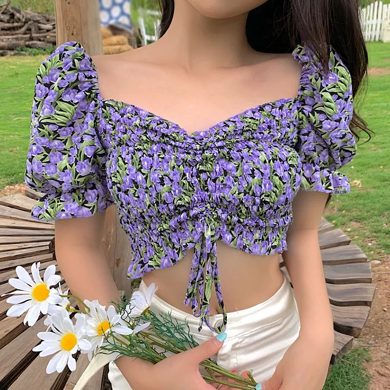 

New Women Floral Print Blouses Summer Sweet Short Sleeve Ladies Slash Neck Shirt 2020 Female Tops