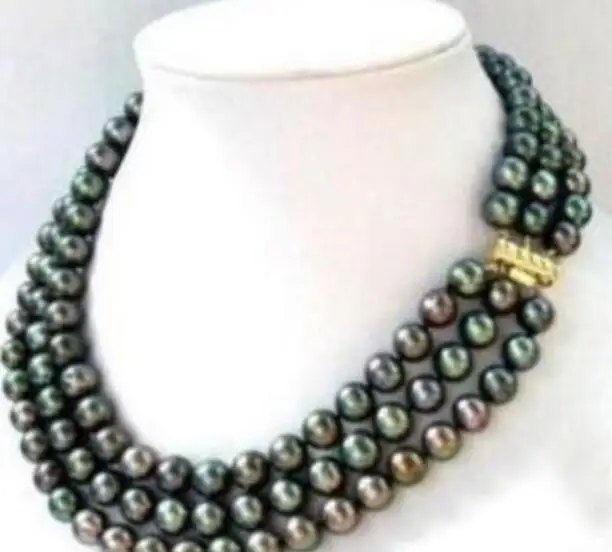 Ювелирное жемчужное ожерелье элегантное 3 ряда 8 9 мм + Черный Тайский жемчуг 14K 17 19