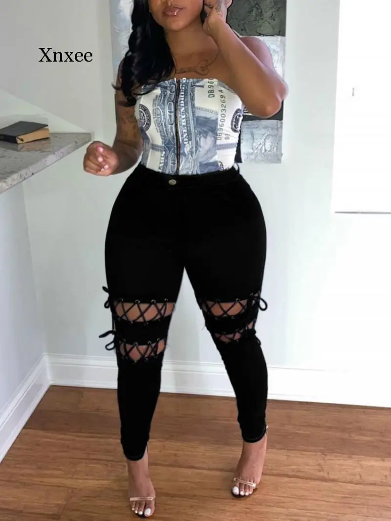 

2021 New Arrivals Women Lace-Up Jeans Holes Hollow Out Fashion Plus Size Jeans Streetwear High Waist Skinny Denim Pencil Pants