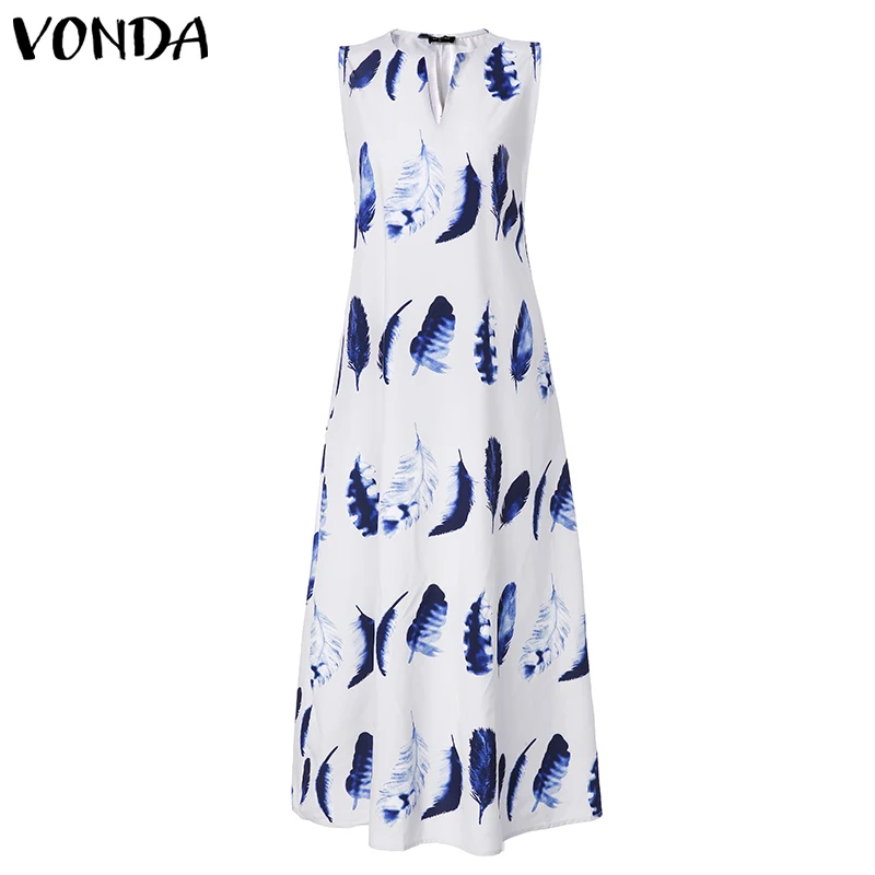 Летнее женское синее платье 2019 VONDA повседневное без рукавов v образный вырез
