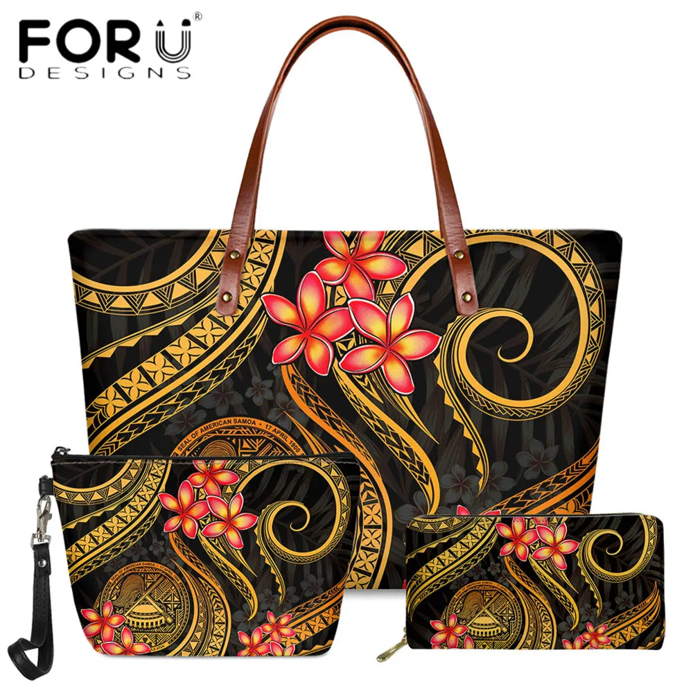 

FORUDESIGNS Fashion Style 3pcs Women Handbag And Purse Leather Bag Samoa Polynesian Plumeria Printing Vintage Shoulder Sac