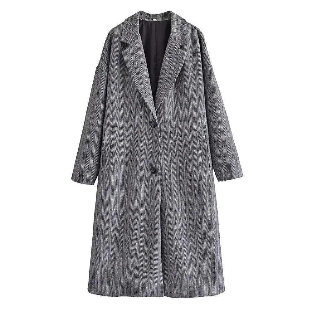 

Willshela Women Fashion Tweed Gray Single Breasted Long Straight Coat Lapel Collar Long Sleeves Female Winter Warm Outwear