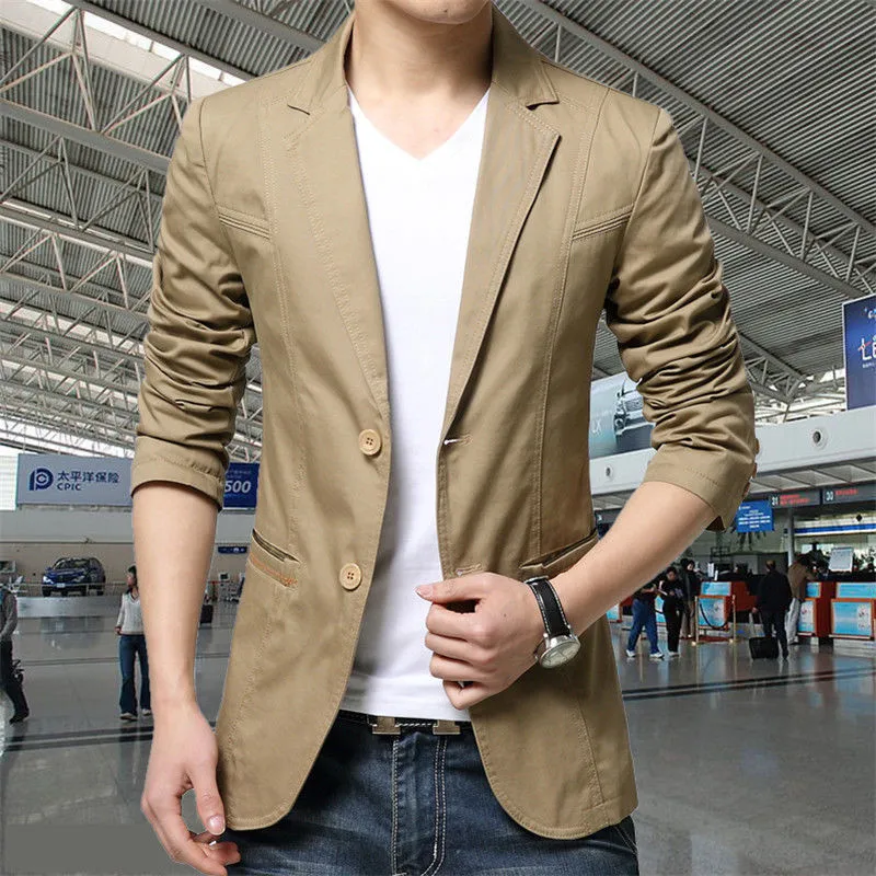 2019 модный мужской Костюмный пиджак коричневый серый Slim Fit льна карман с длинными