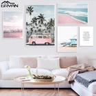 Скандинавский пейзаж, океан, Картина на холсте, Розовый автобус, пляж, настенный художественный принт, пальма, украшение, картина, декор для гостиной