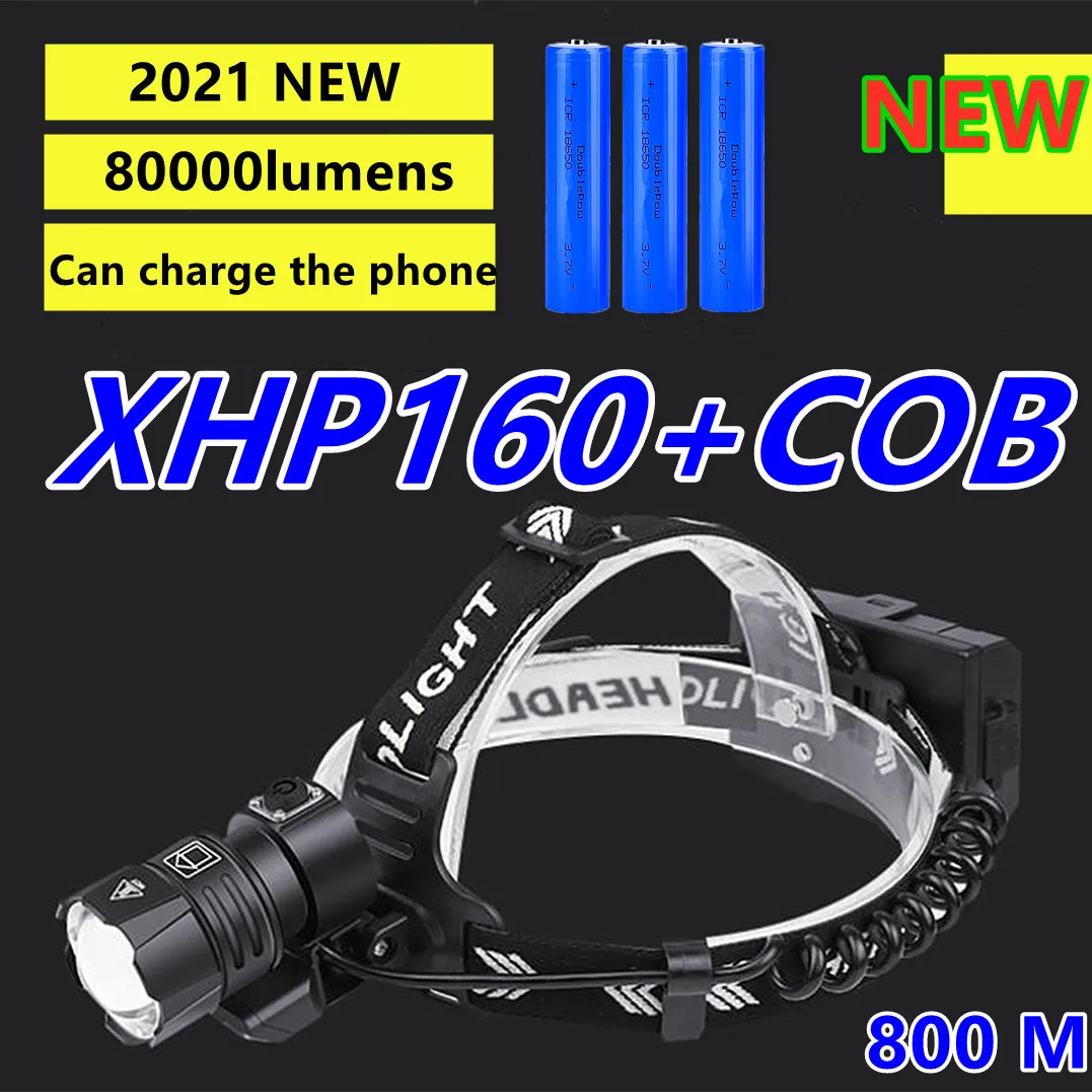 Новый XHP160 мощные светодиодные фары 800000lm голова фонарик Фонарь xhp70 лампы фар usb