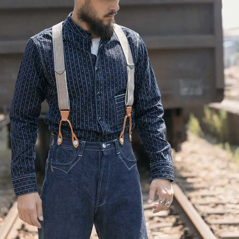 10oz Vintage Bronson Selvedge Denim Wabash Work Shirts For Men Stripes Workwear