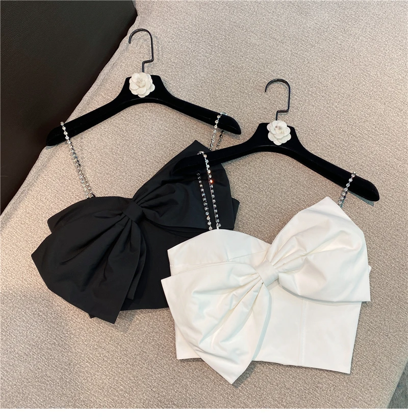 Big Bow Camisole Woman Rhinestone Chain Shoulder Strap 2021 Spring and Summer New Korean Style Temperament Lady Bra Crop Top