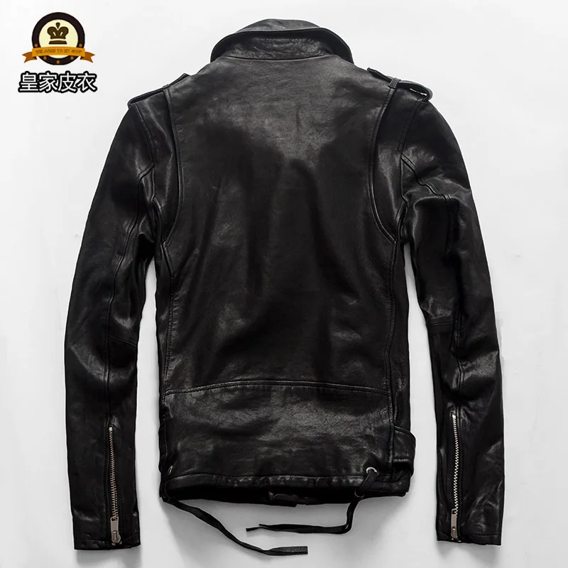 

New Men GUYEZAIXIU Black Genuine Vegetable tannin Motorcycle Leather Jacket 100% Real Sheepskin Biker Jackets