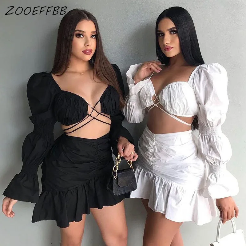 

Женское платье на шнуровке ZOOEFFBB, комплект из двух предметов, короткий топ с рукавами-фонариками и плиссированная мини-юбка
