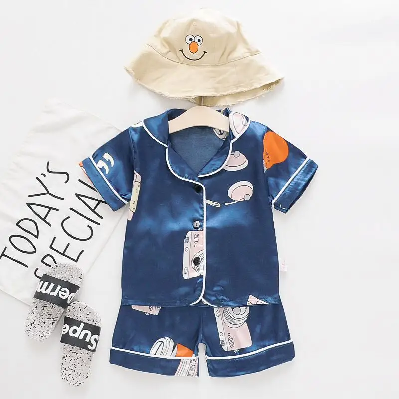 

Silk Kids Summer Pajamas Short Sleeve Boys Clothes Suit Turn-down Collar Toddler Nightwear Girl Pajama Set Satin Baby Sleepwear