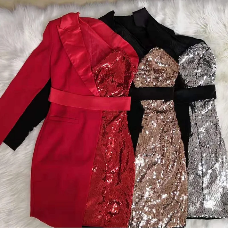 Последняя мода горячая Распродажа шикарное модное красное блестящее мини платье на одно плечо куртка