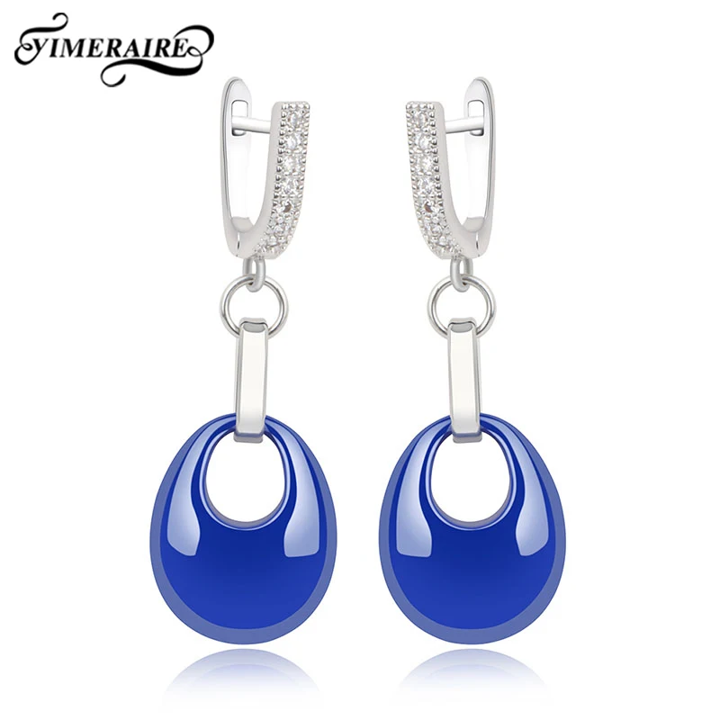 Модные синие керамические серьги в форме капли воды с блестящими кристаллами для