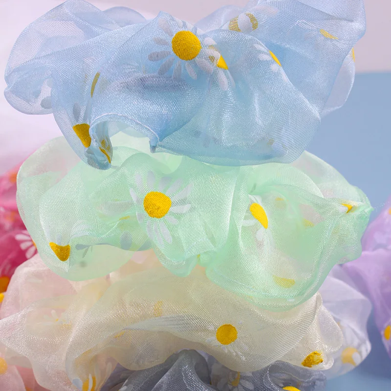 

Bestmay Printing Daisy Flowers Mesh Scrunchies Women Romantic Pink Hair Rope Transparent Tulle Organza Hair Tie Hair Accessories