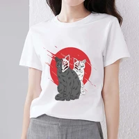 womens t shirt clothing casual harajuku style japanese anime black and white fire fox pattern printing slim soft round neck top