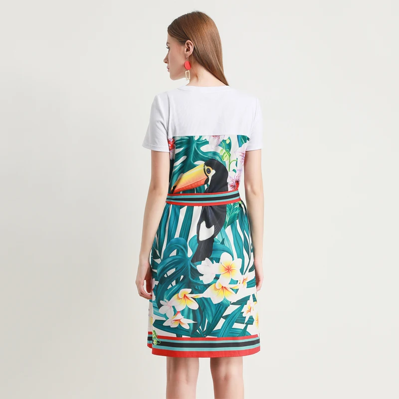 

VERDEJULIAY 2020 Spring High Street Sweet Lady A-Line Dresses Women Luxury Hot-Ironed Diamonds Sashes Toucan Print Midi Dress