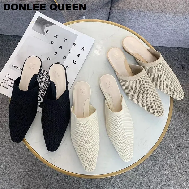 Модные женские шлёпанцы повседневные вязанные туфли с острым носком на плоской