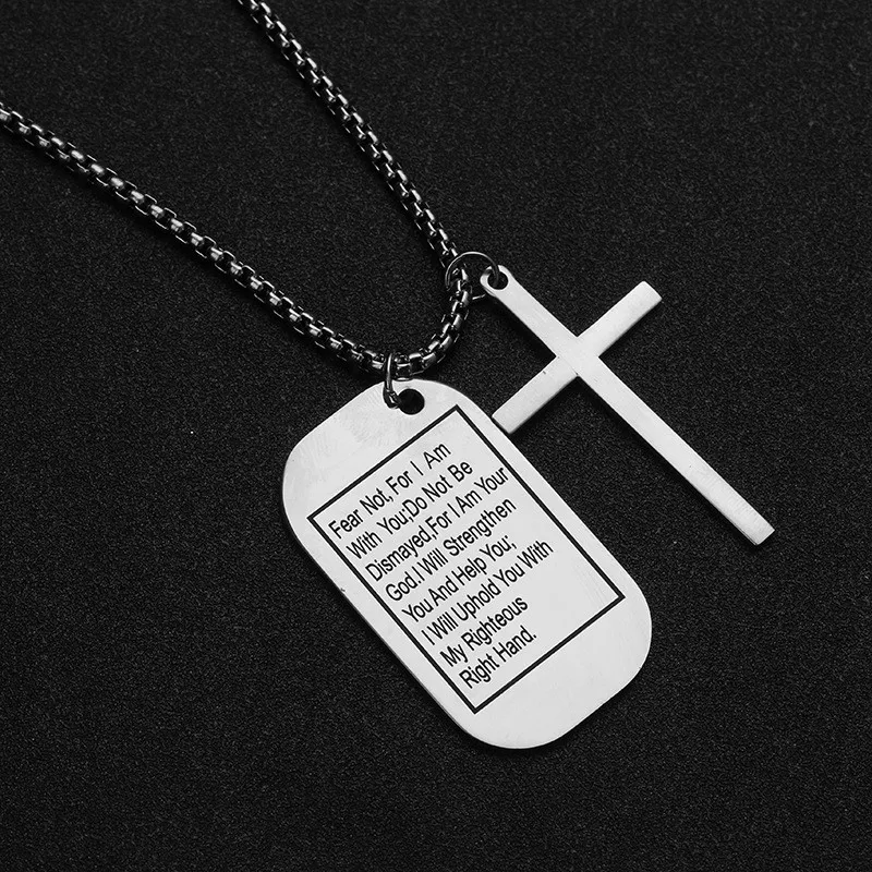 Military Style Dog Tags Cross Pendant Necklace Christian Lord's Prayer Bible Verse For Men Women Stainless Steel Charm Choker |