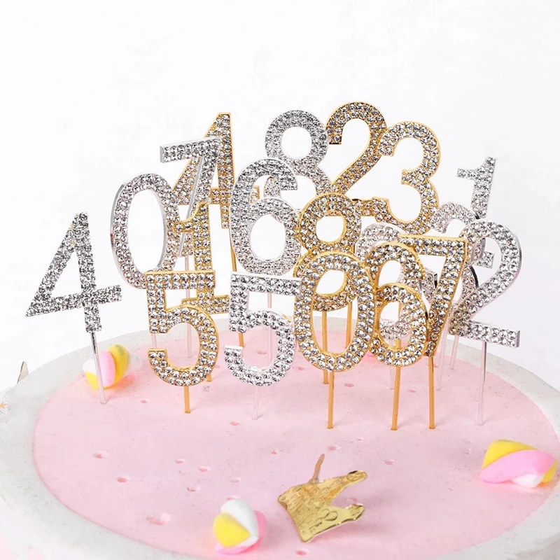 

Number Cake Topper Gold Silver Alloy Rhinestone Cake Flag Baby Shower Birthday Wedding Digital Cake Dessert Anniversary Decor